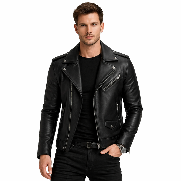 Men’s Black Biker Leather Jacket – Real Leather Moto Jacket - The Stitch Fit