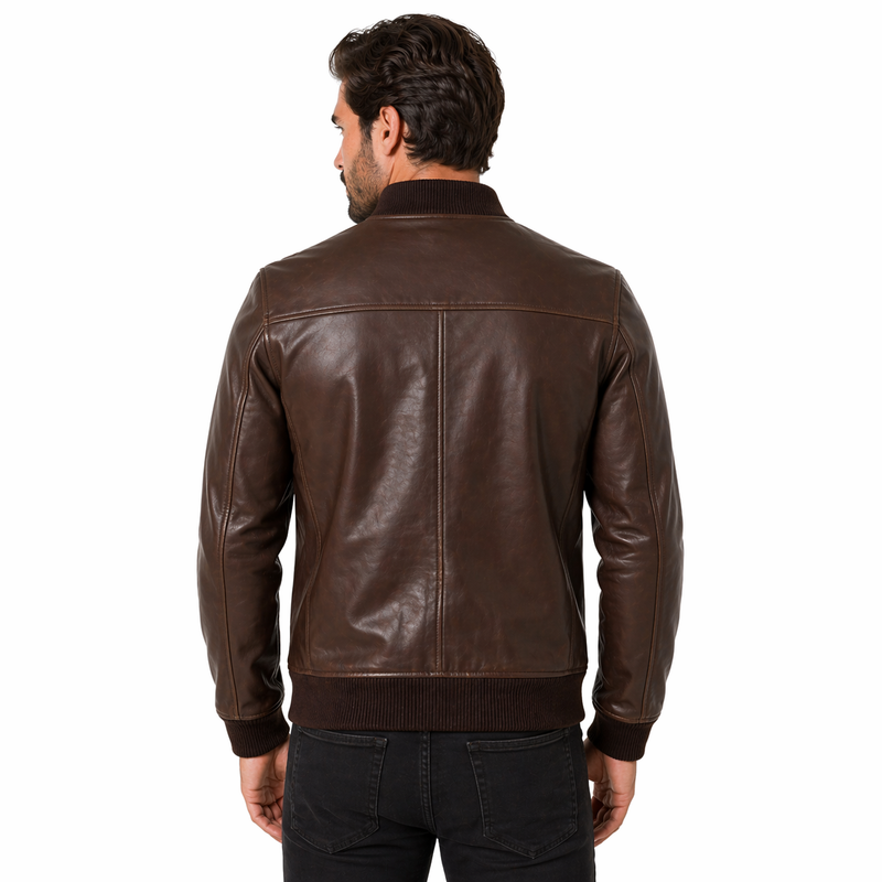Man wearing a Men's Biker Pure Leather Jacket | Brown The Stitch Fit