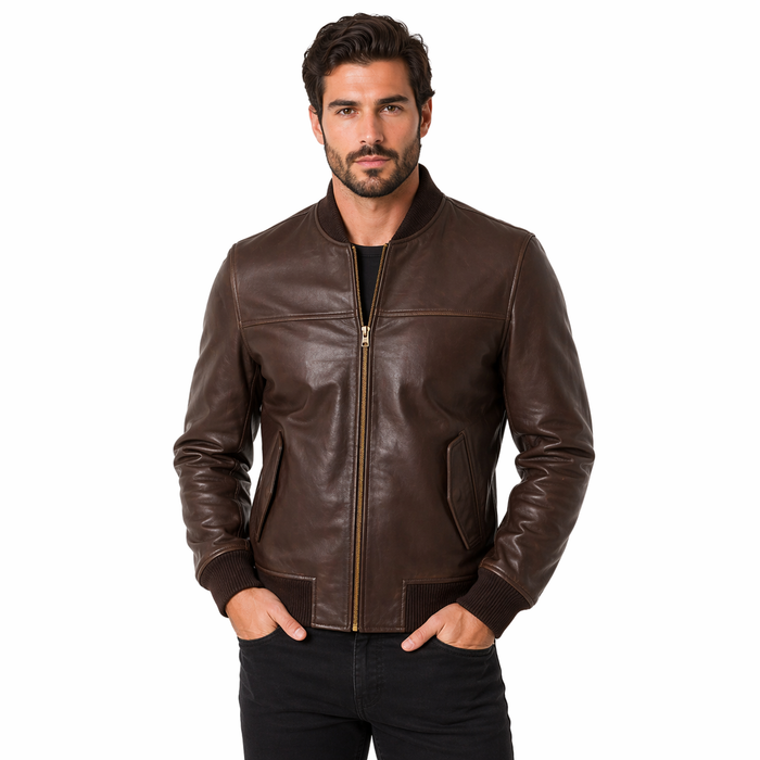 Man wearing a Men's Biker Pure Leather Jacket | Brown The Stitch Fit