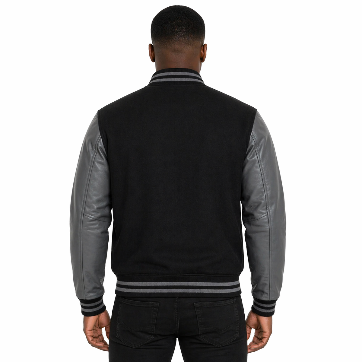 Men's Bomber Leather Jacket | Black/Grey The Stitch Fit
