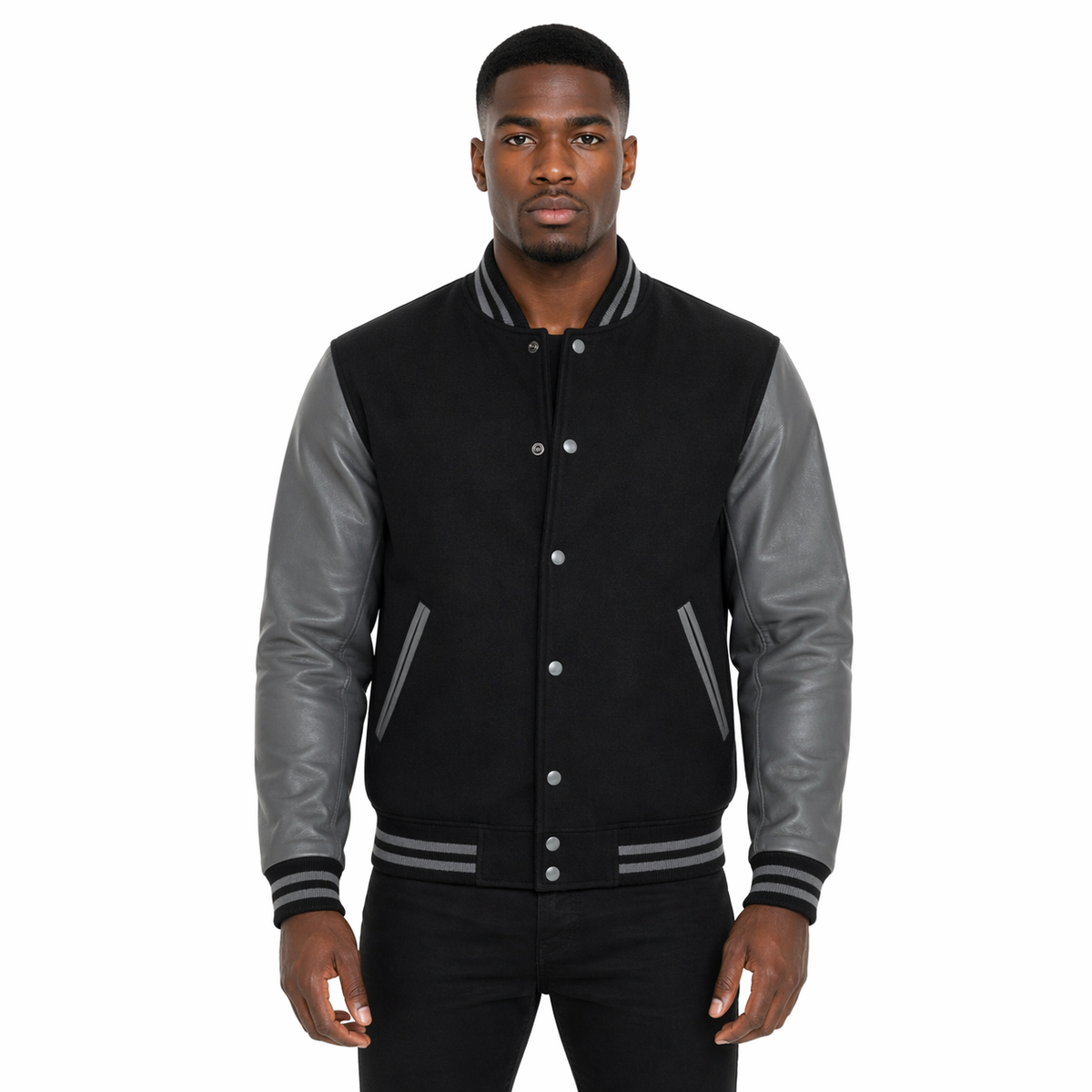 Men's Bomber Leather Jacket | Black/Grey The Stitch Fit