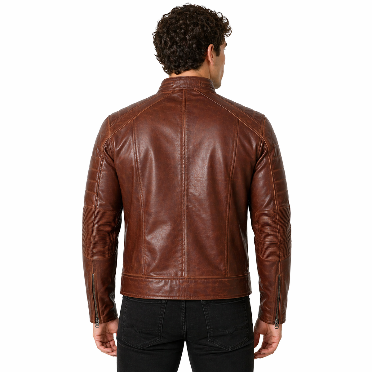 Men's Cafe Racer Leather Jacket | Brown The Stitch Fit worn by a person on a white background