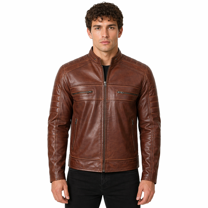 Men's Cafe Racer Leather Jacket | Brown The Stitch Fit worn by a person on a white background