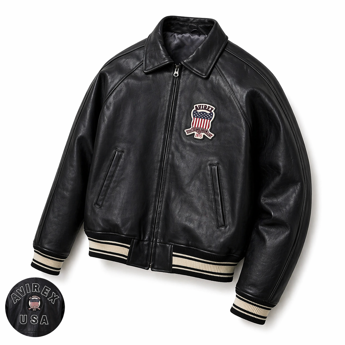 Men's Avirex Real Leather Jacket, Black Flight Bomber, American Varsity Style | Black The Stitch Fit