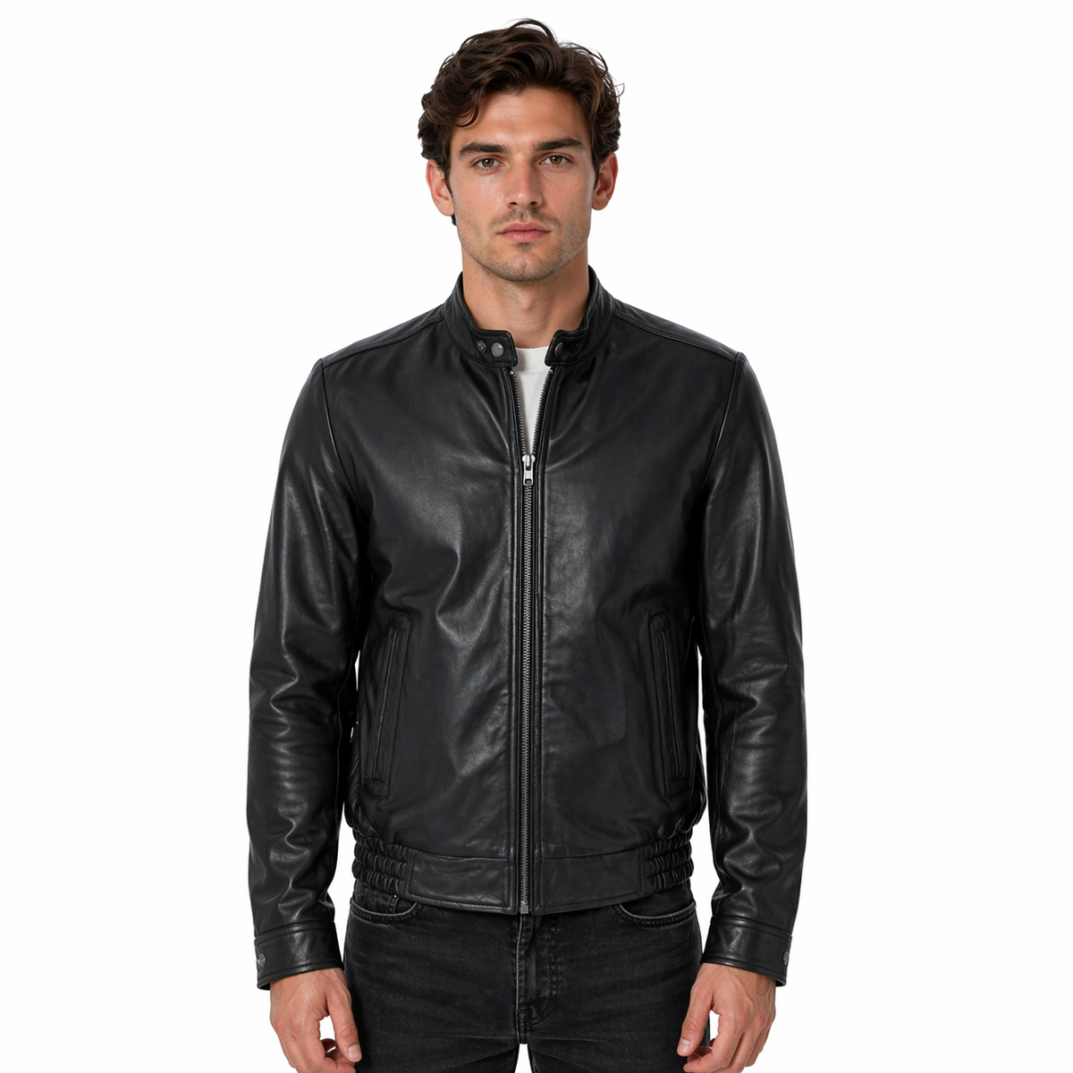Men's Genuine Leather Bomber Jacket | Black The Stitch Fit