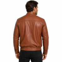 Man wearing a Men's Genuine Leather Bomber Jacket | Brown The Stitch Fit