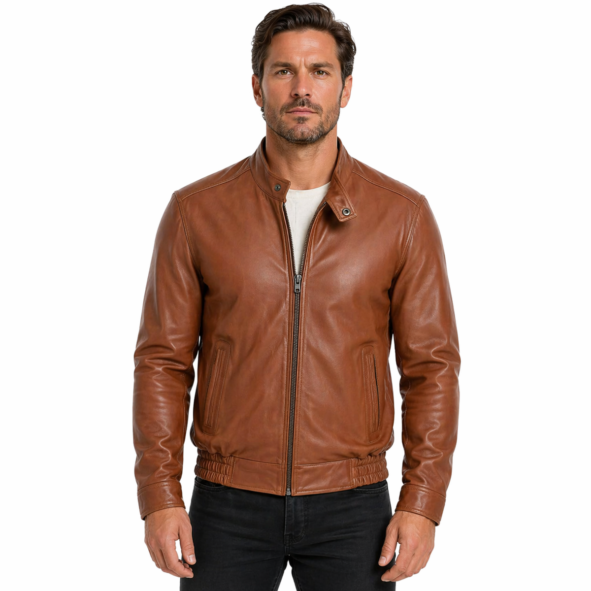Man wearing a Men's Genuine Leather Bomber Jacket | Brown The Stitch Fit