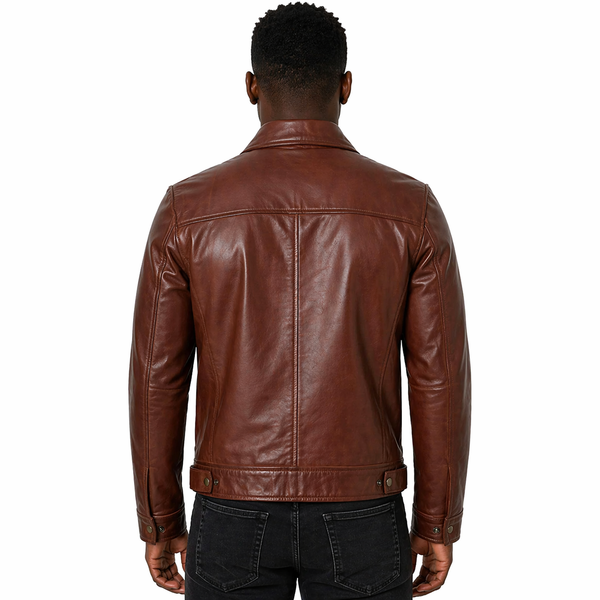 Brown Harrington leather jacket worn by a person on a white background