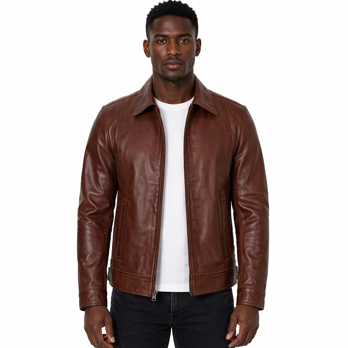 Man wearing a brown Harrington leather jacket on a white background