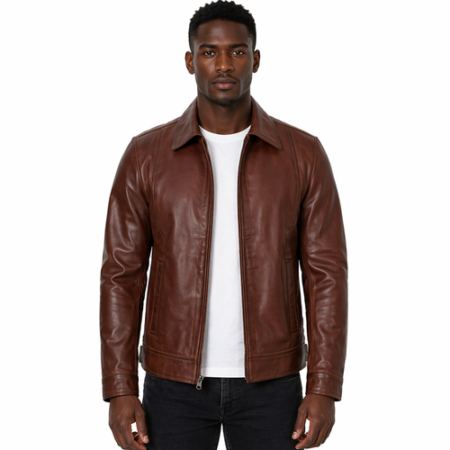 Man wearing a brown Harrington leather jacket on a white background
