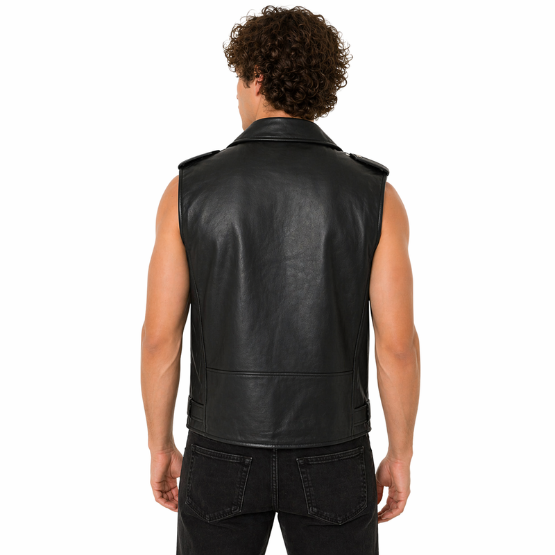Men's Leather Biker Vest with Zipper, Belted Waist | Black The Stitch Fit
