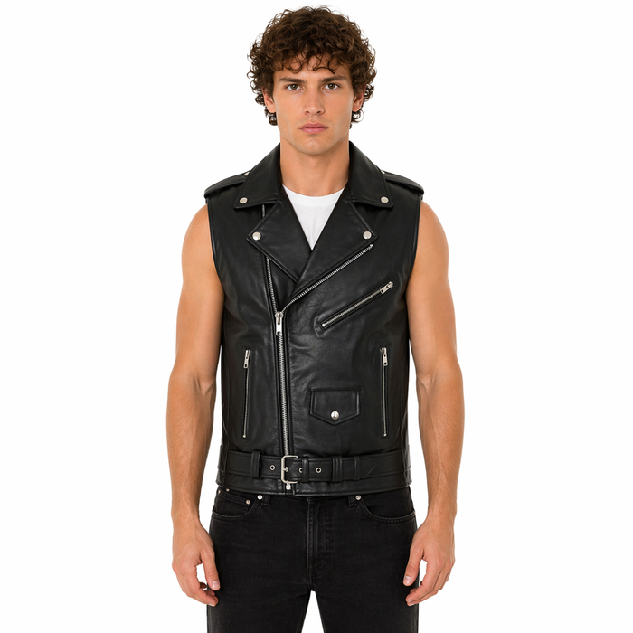 Men's Leather Biker Vest with Zipper, Belted Waist | Black The Stitch Fit