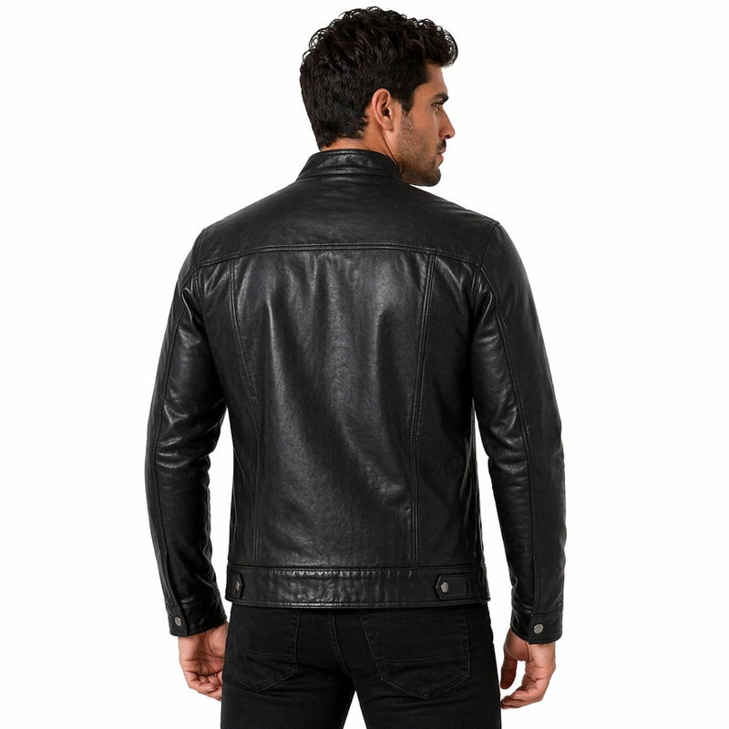 Men's Leather Biker Jacket with Red Stripes, Zip Front | Black The Stitch Fit