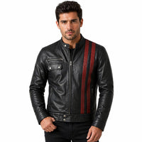 Man wearing a black leather jacket with red stripes on a white background Men's Leather Biker Jacket with Red Stripes, Zip Front | Black The Stitch Fit