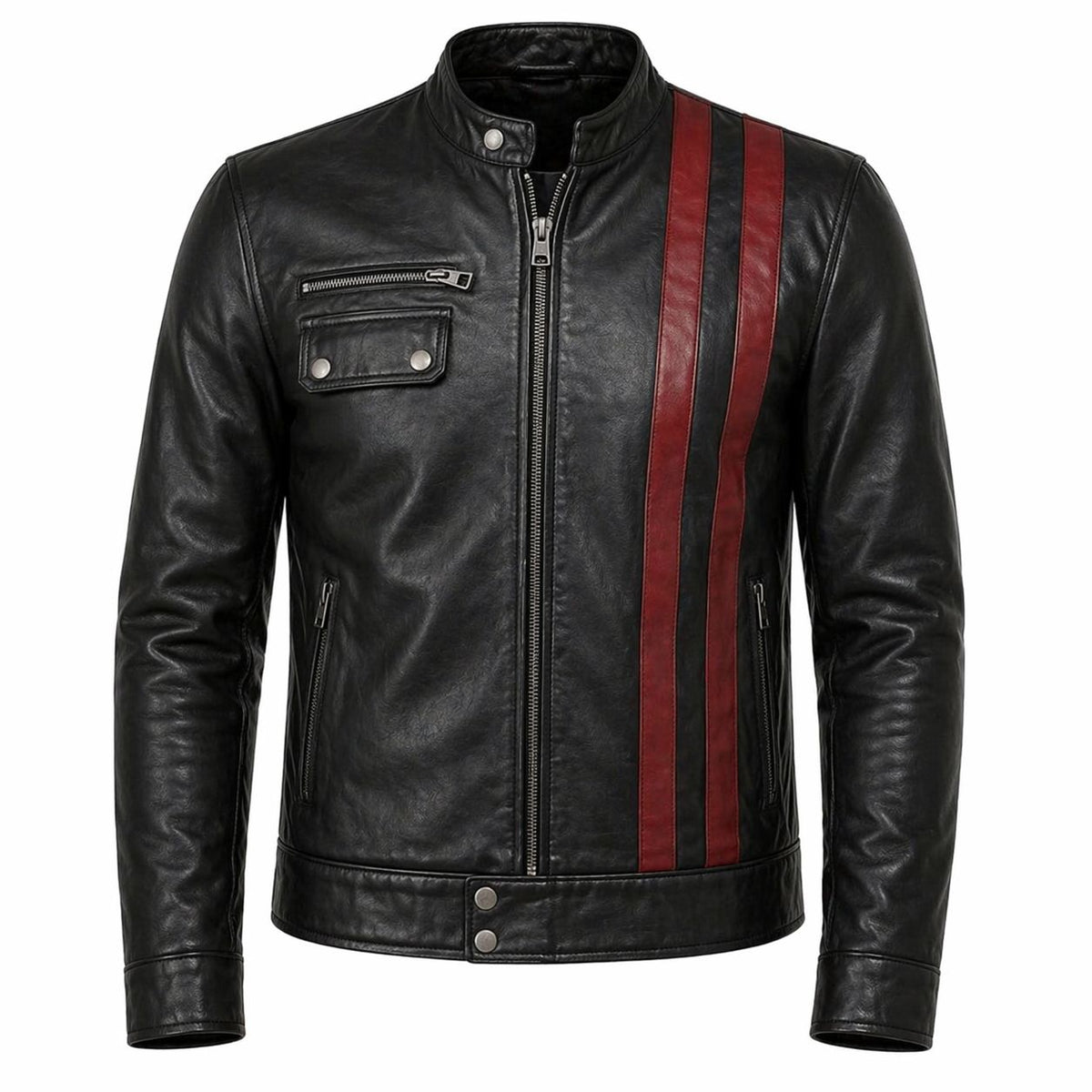 Men's Leather Biker Jacket with Red Stripes, Zip Front | Black The Stitch Fit