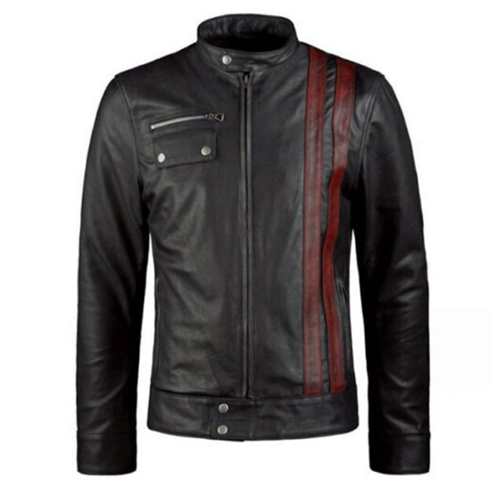 Men's Leather Biker Jacket with Red Stripes, Zip Front | Black The Stitch Fit
