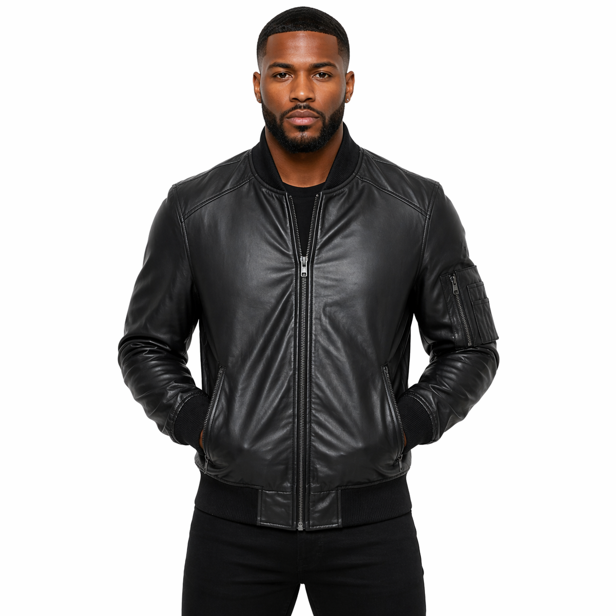 Man wearing a Men's Leather Bomber Jacket, Zip Front, Multiple Pockets | Black The Stitch Fit