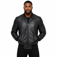 Man wearing a Men's Leather Bomber Jacket, Zip Front, Multiple Pockets | Black The Stitch Fit