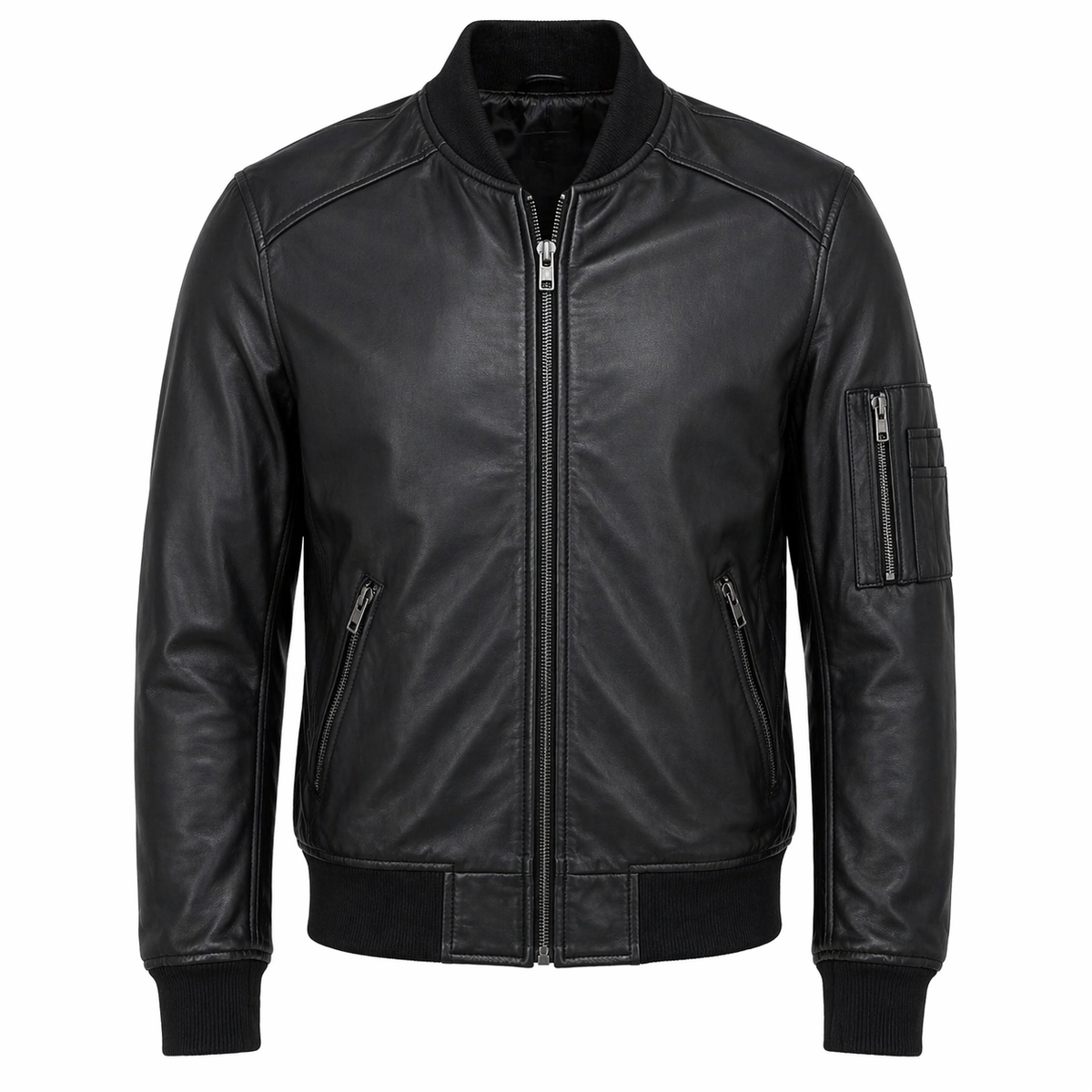 Men's Leather Bomber Jacket, Zip Front, Multiple Pockets | Black The Stitch Fit