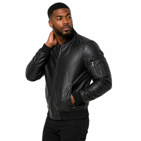 Man wearing a Men's Leather Bomber Jacket, Zip Front, Multiple Pockets | Black The Stitch Fit