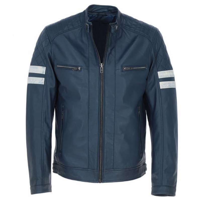 Men's Leather Motorcycle Jacket with Quilted Shoulder & White Stripes | Blue & Black The Stitch Fit