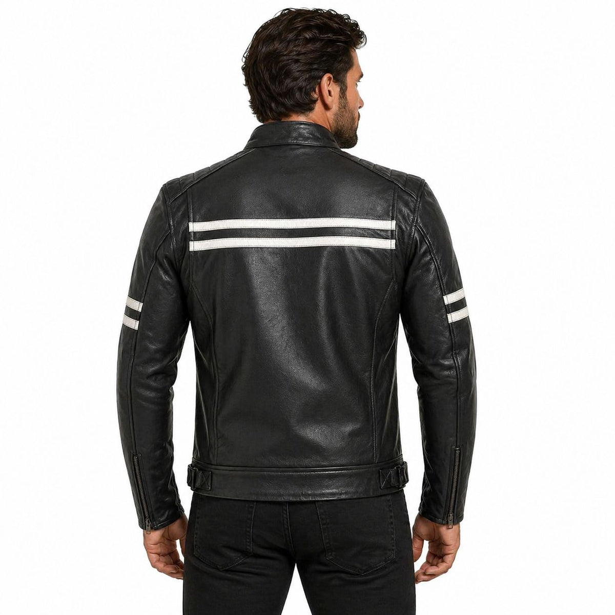 Men's Motor Cycle Leather Jacket with white Stripes Black Shoulders | Black The Stitch Fit