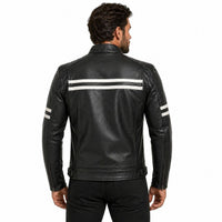 Men's Motor Cycle Leather Jacket with white Stripes Black Shoulders | Black The Stitch Fit