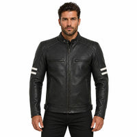 Men's Motor Cycle Leather Jacket with white Stripes Black Shoulders | Black The Stitch Fit