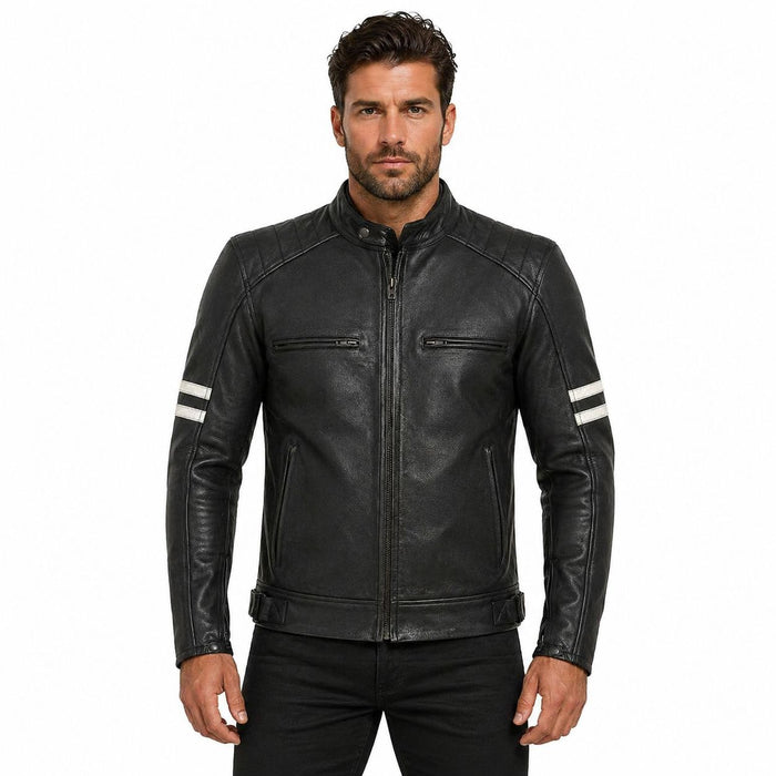 Men's Motor Cycle Leather Jacket with white Stripes Black Shoulders | Black The Stitch Fit