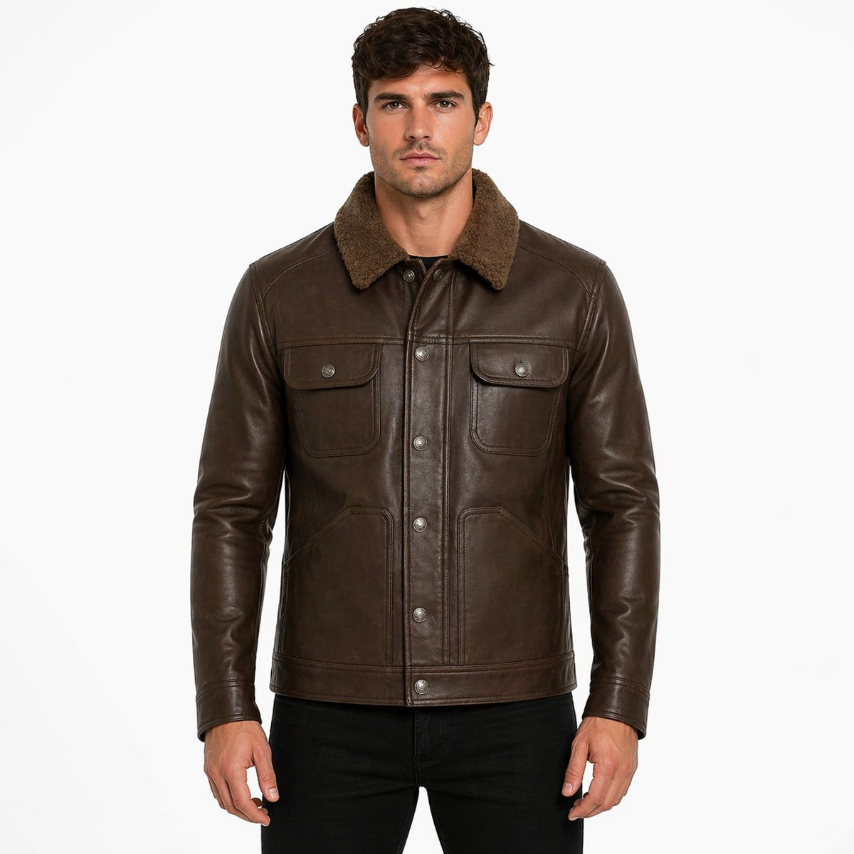 Men's Shiny Leather Jacket with Shearling Collar | Shiny Brown The Stitch Fit