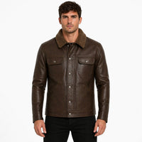 Men's Shiny Leather Jacket with Shearling Collar | Shiny Brown The Stitch Fit