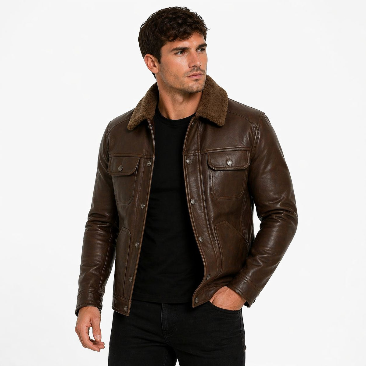Men's Shiny Leather Jacket with Shearling Collar | Shiny Brown The Stitch Fit