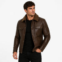 Men's Shiny Leather Jacket with Shearling Collar | Shiny Brown The Stitch Fit