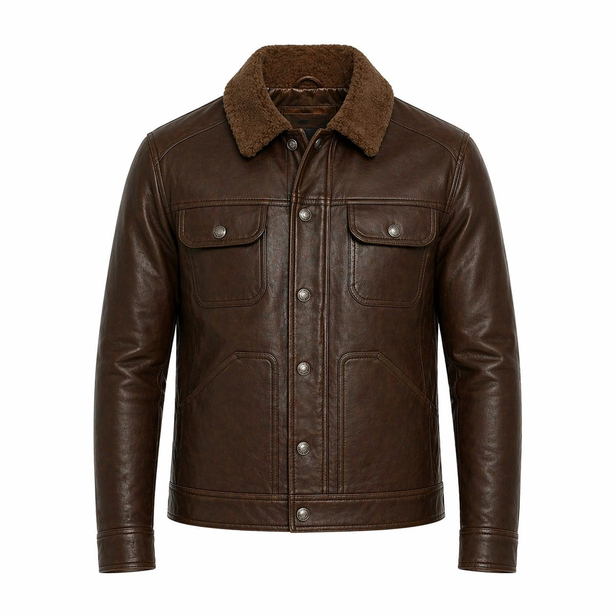 Men's Shiny Leather Jacket with Shearling Collar | Shiny Brown