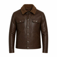 Men's Shiny Leather Jacket with Shearling Collar | Shiny Brown