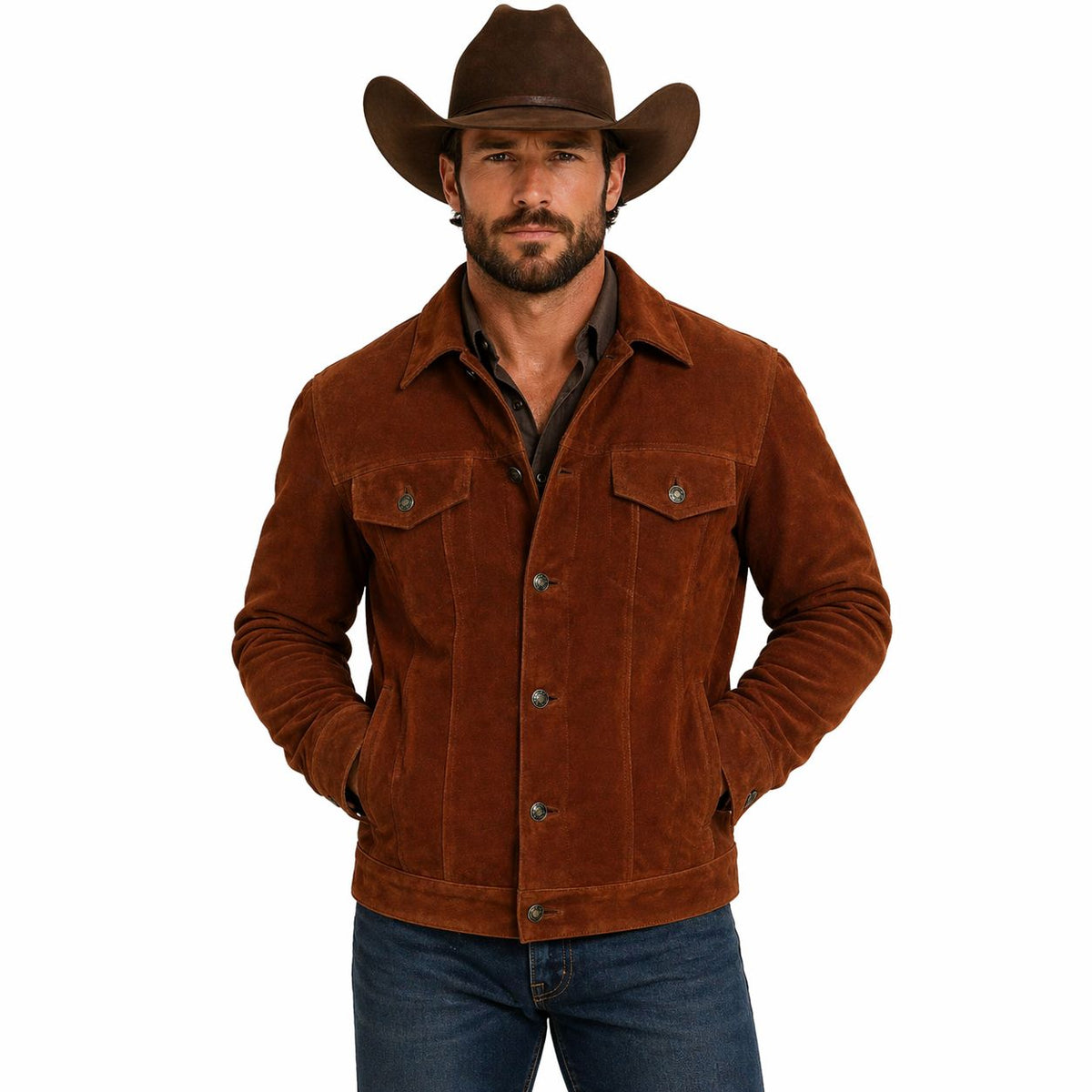 Men's Trucker Suede Leather Jacket,  X-Men 2017 Logan Wolverine 3 Hugh Jackman Style | Brown The Stitch Fit