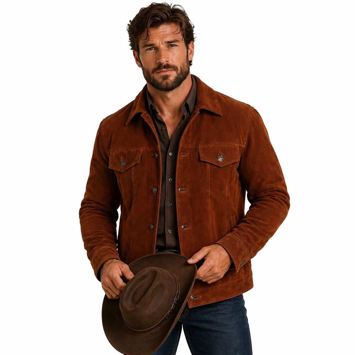 Men's Trucker Suede Leather Jacket,  X-Men 2017 Logan Wolverine 3 Hugh Jackman Style | Brown The Stitch Fit