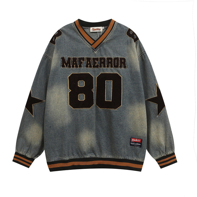 Denim V-Neck Star Letter Sweater