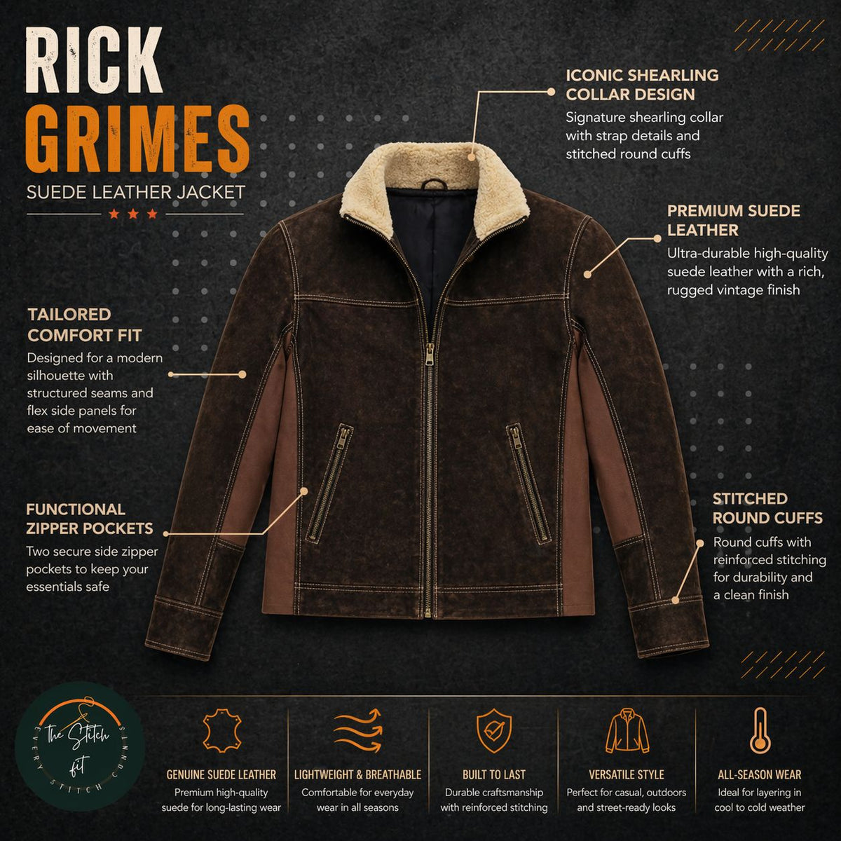Men's Rick Grimes The Walking Dead Season 6 Real Suede Leather Jacket Info graph | Brown The Stitch Fit
