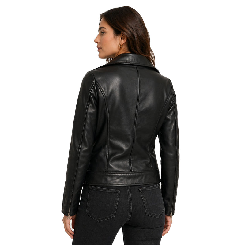 The Stitch Fit Women's Black Biker Leather Jacket – Slim Fit Moto Style with Asymmetrical Zip & Belted Waist