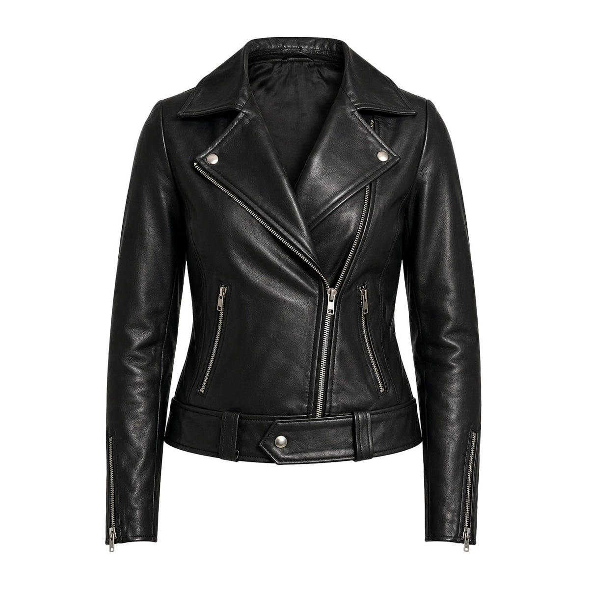 The Stitch Fit Women's Black Biker Leather Jacket – Slim Fit Moto Style with Asymmetrical Zip & Belted Waist