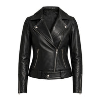 The Stitch Fit Women's Black Biker Leather Jacket – Slim Fit Moto Style with Asymmetrical Zip & Belted Waist