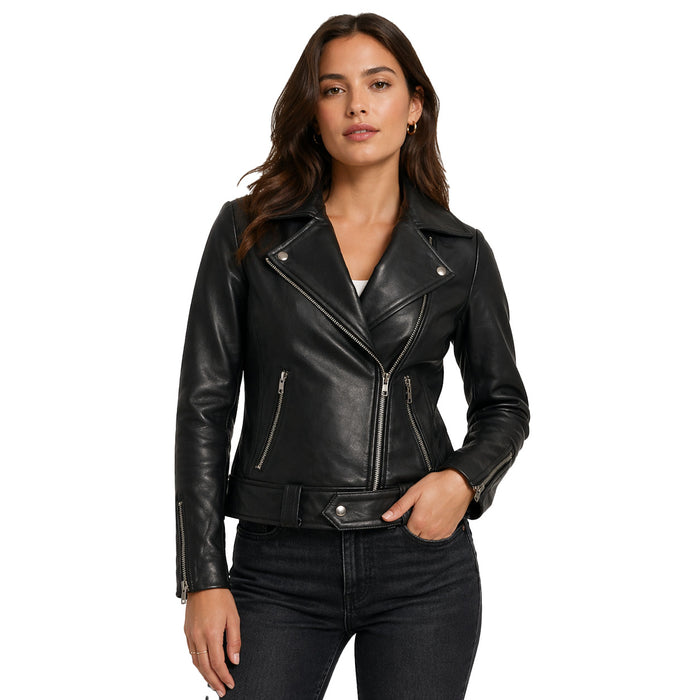 The Stitch Fit Women's Black Biker Leather Jacket – Slim Fit Moto Style with Asymmetrical Zip & Belted Waist