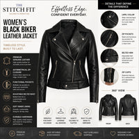 The Stitch Fit Women's Black Biker Leather Jacket – Slim Fit Moto Style with Asymmetrical Zip & Belted Waist