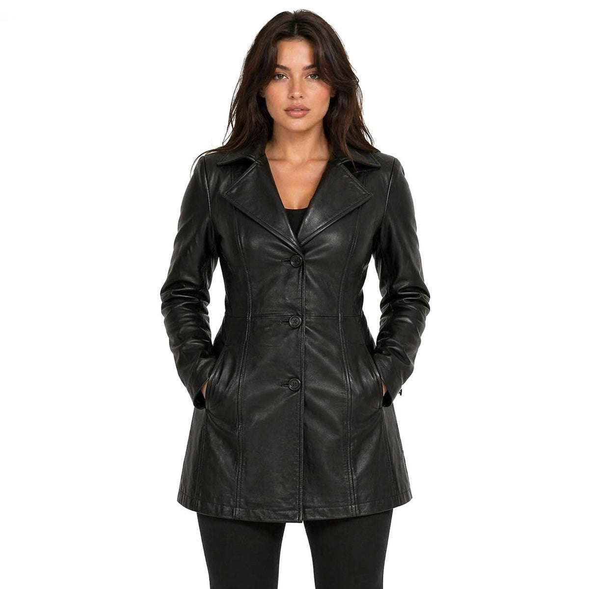 Women's 3/4 Length Genuine Leather Coat | Black The Stitch Fit