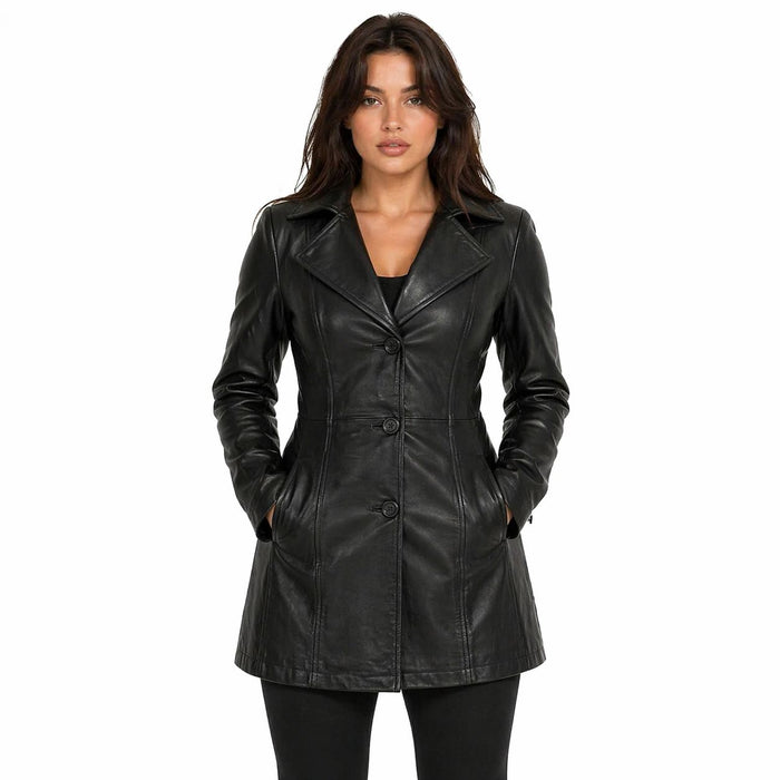 Women's 3/4 Length Genuine Leather Coat | Black The Stitch Fit