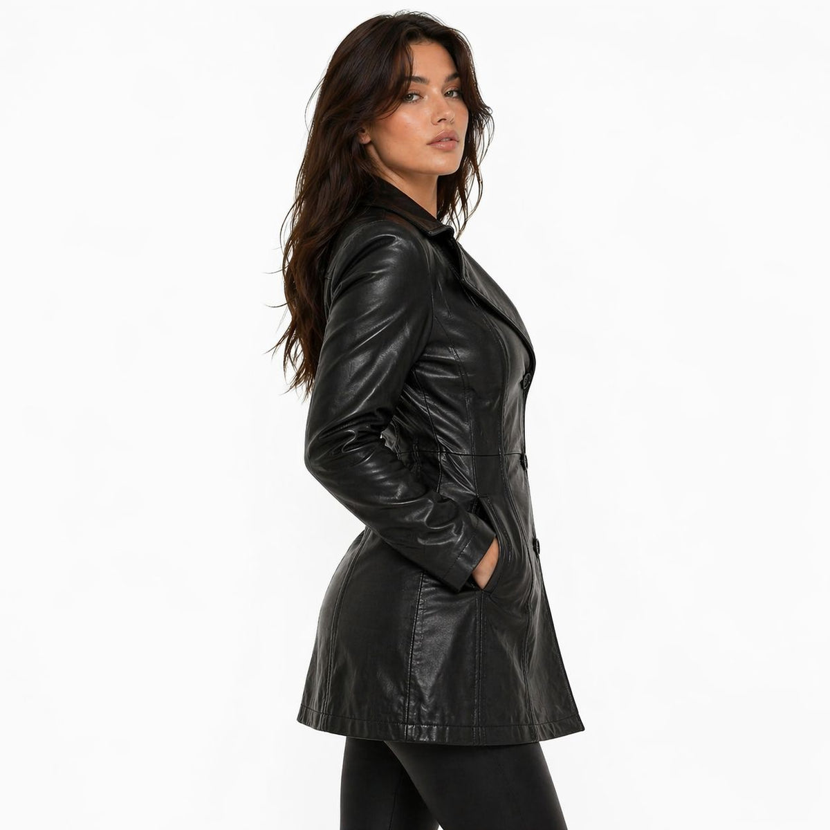 Women's 3/4 Length Genuine Leather Coat | Black The Stitch Fit