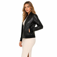 Women's Biker Bomber Leather Jacket | Black The Stitch Fit