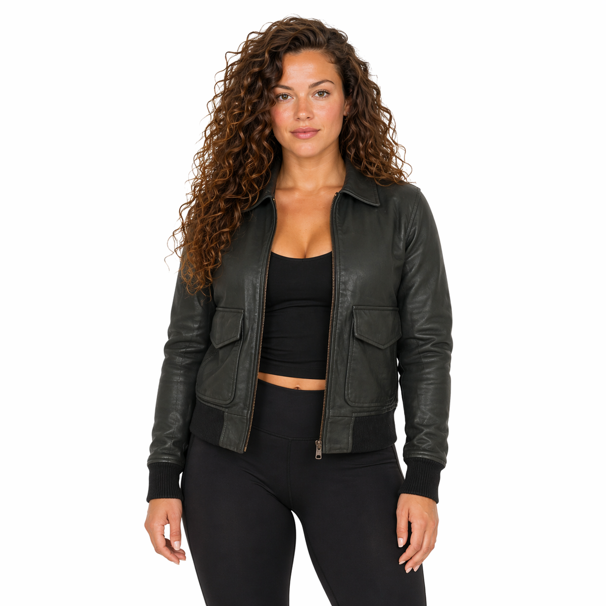 A Woman wearing a Women's Pure Bomber Leather Jacket | Green | The Stitch Fit