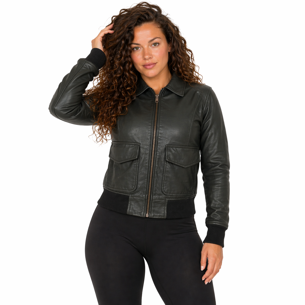 A Woman wearing a Women's Pure Bomber Leather Jacket | Green | The Stitch Fit